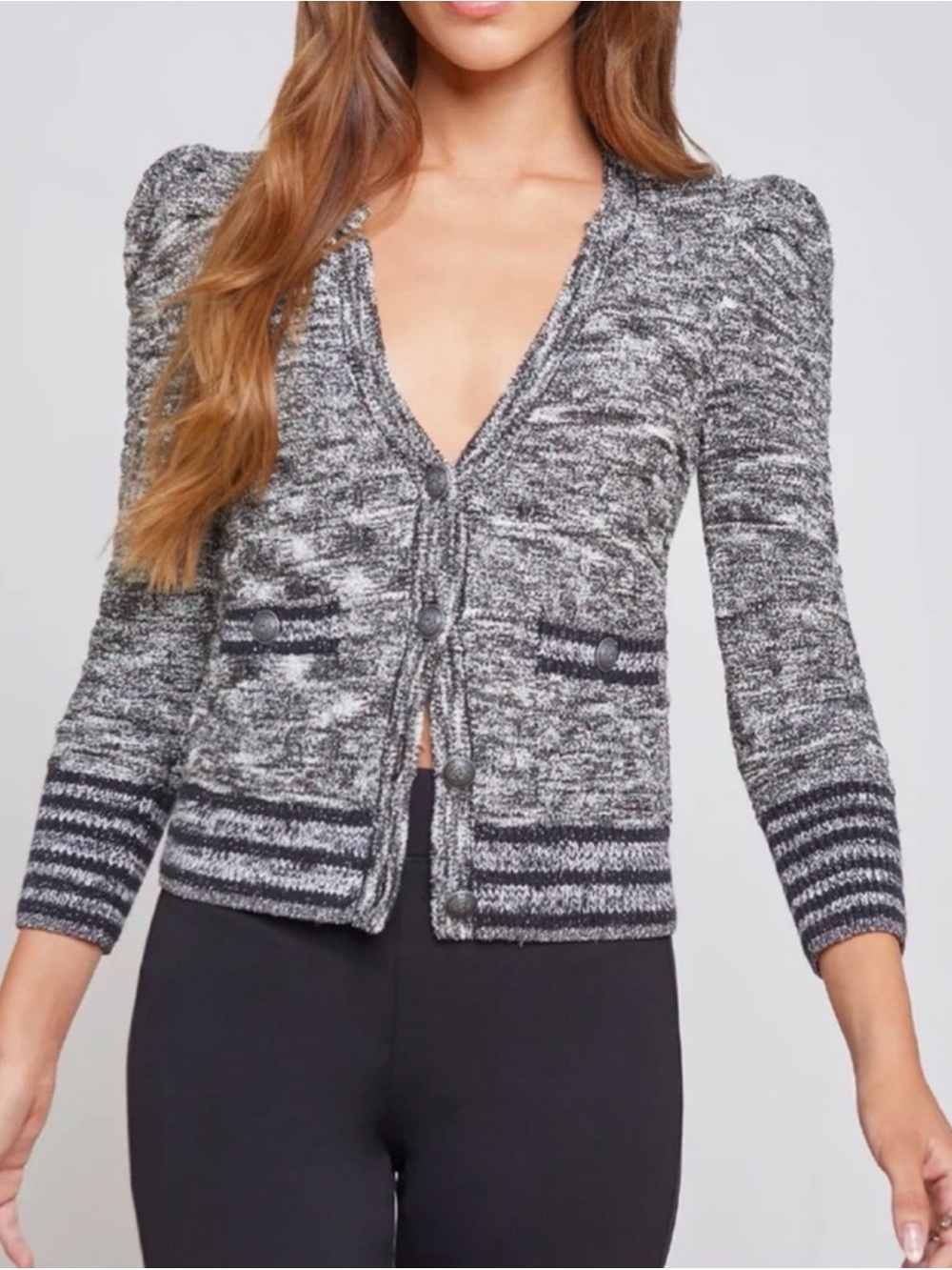 L'Agence Jenni Black and White Puff Sleeve Cardigan NWOT